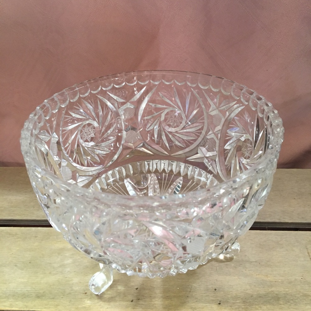 Bohemian Czech Crystal 3-Toed Centerpiece Bowl Pinwheel